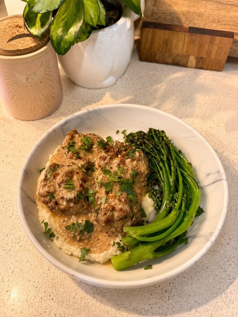 Creamy Dijon Meatballs with Mash and Broccolini