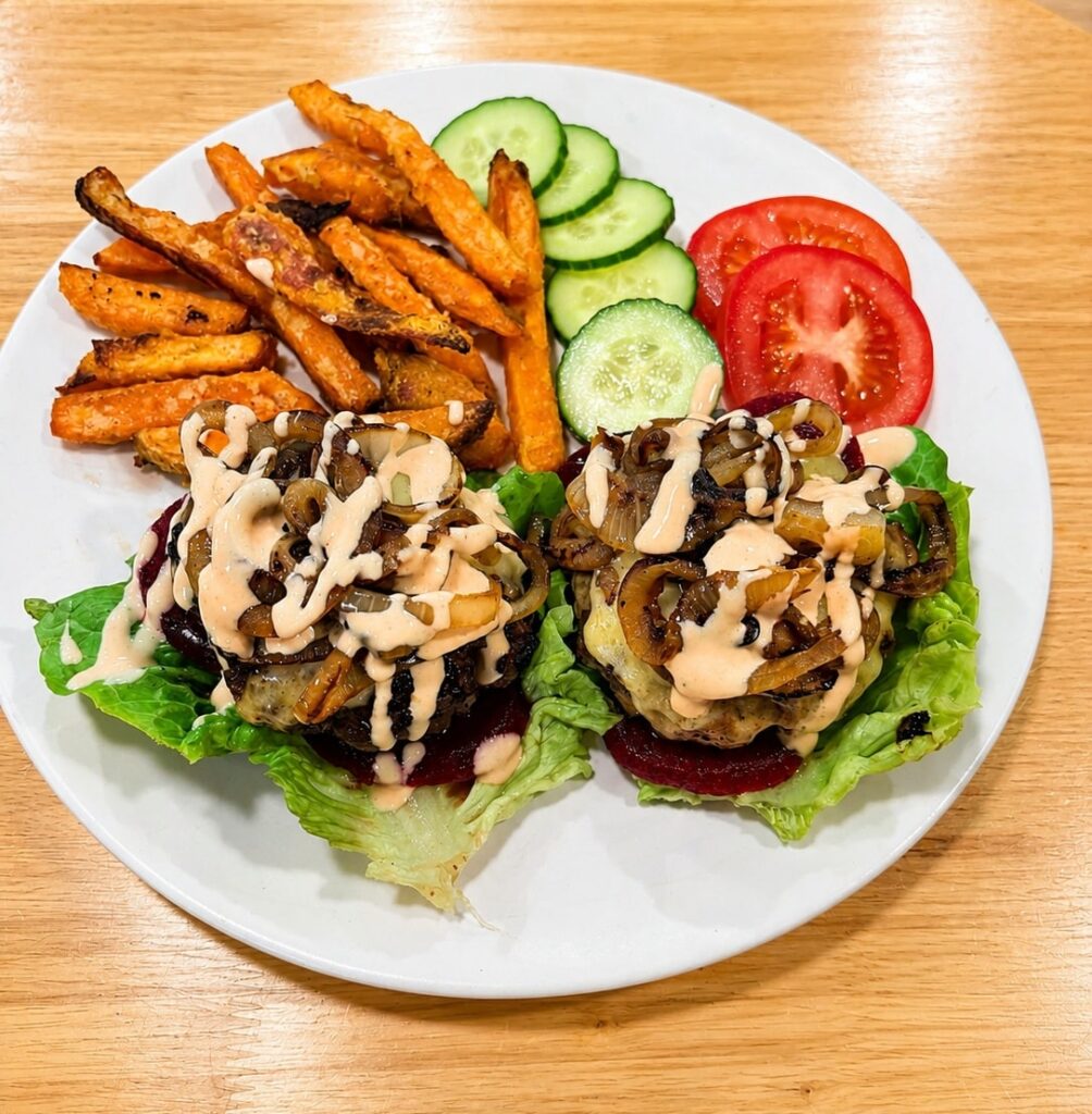 Naked Beef Burgers with Sweet Potato Chips