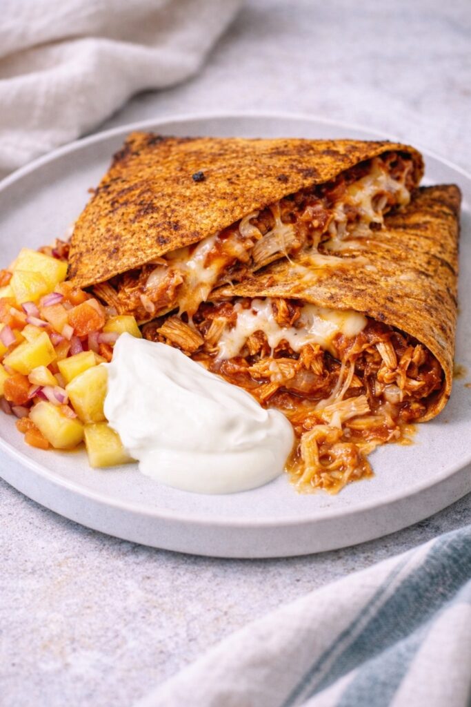 Pulled Chicken Quesadillas with Fresh Pineapple Salsa