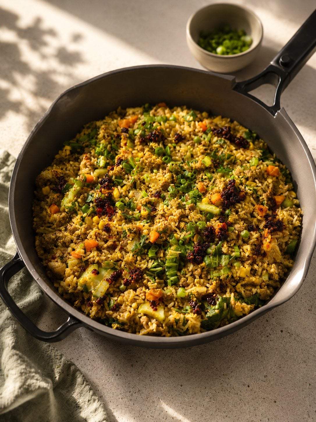A skillet of high protein fried rice with vegetables and chilli