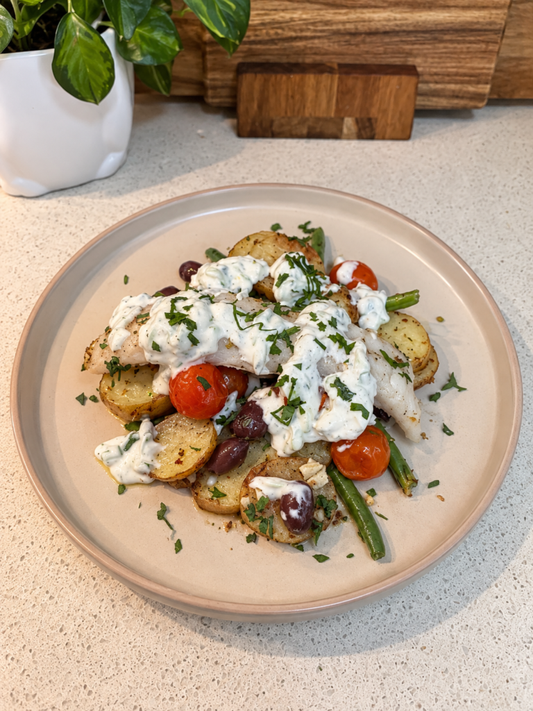 Greek Style Baked Fish Tray Bake with Tzatziki