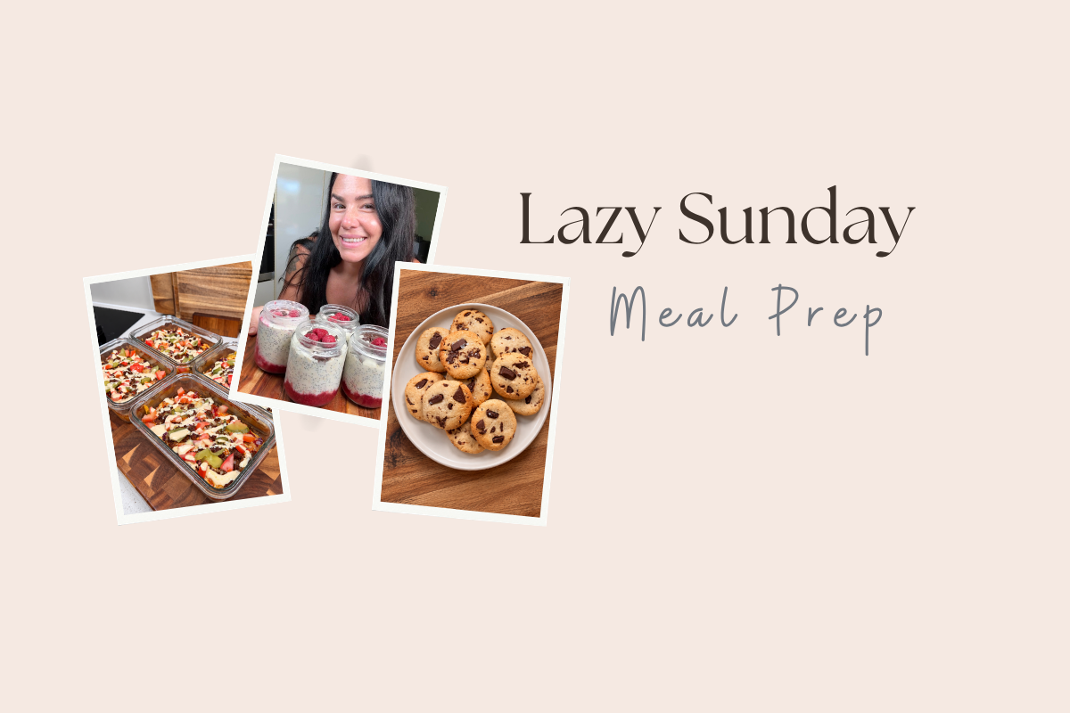 Lazy Sunday Meal Prep: cheeseburger pizzas, Teagan with jam lamington overnight oats, and salted choc chunk protein cookies