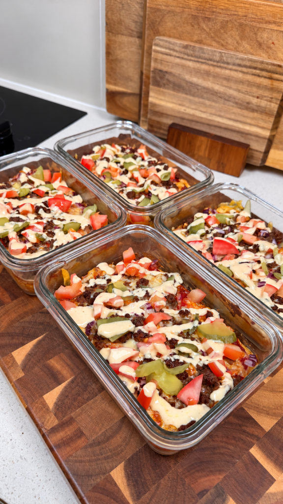Cheeseburger pizzas meal prepped in glass containers