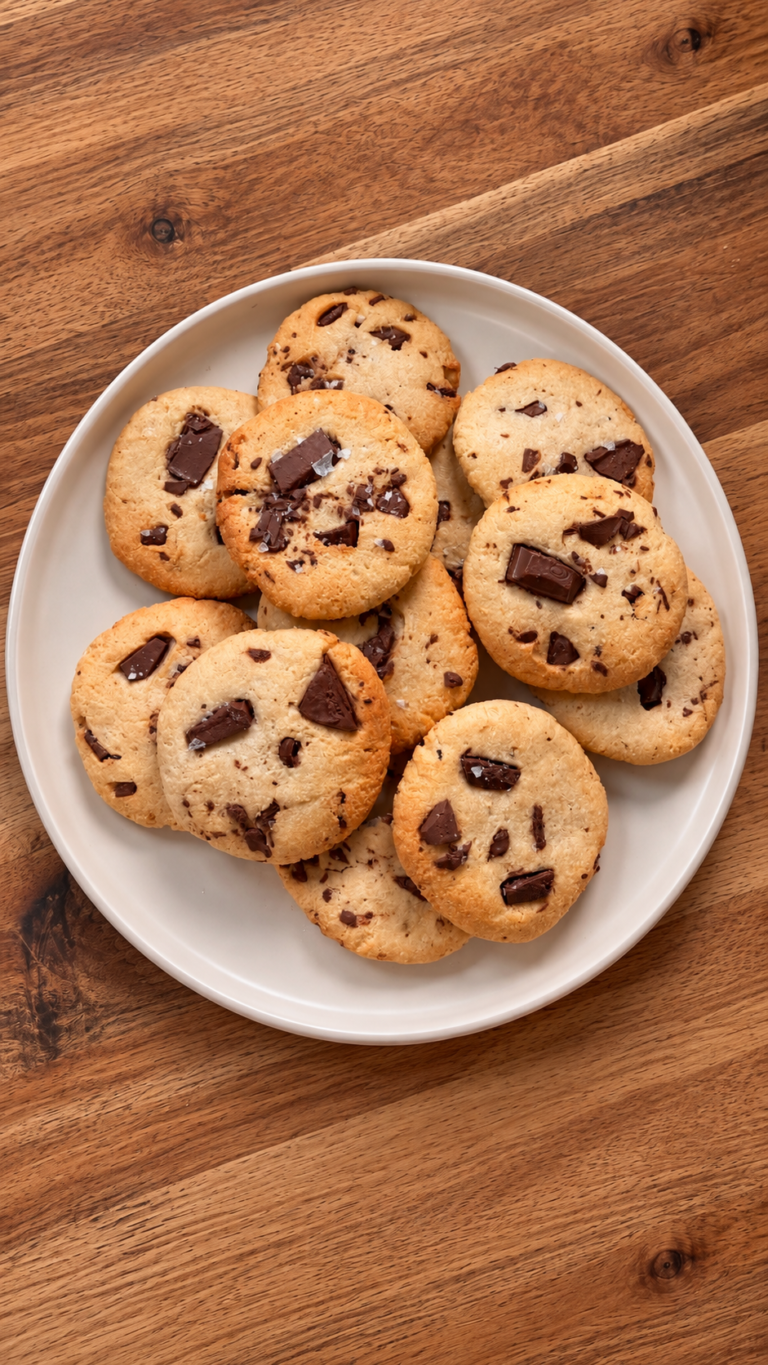 Salted choc chunk protein cookies on a plate