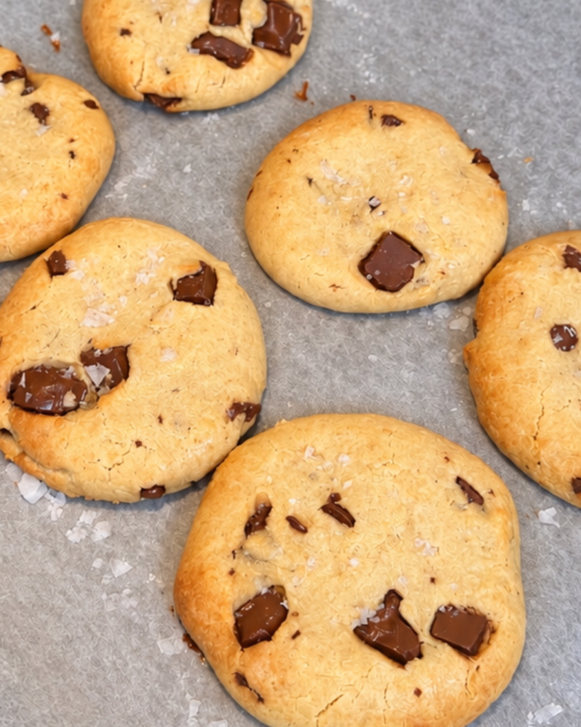 Salted choc chunk protein cookies on a tray with flaky sea salt